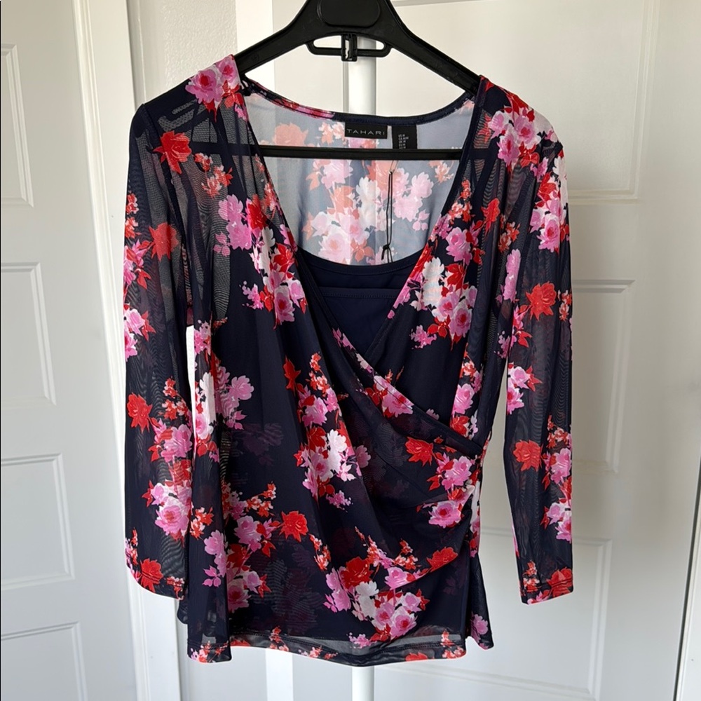 Floral Wrap Top by Tahari - Navy Blue, Red and Pink